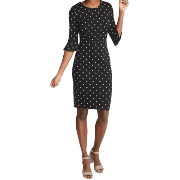Old Navy Black Gray Polka Dot Ponte Sheath Bell Ruffle Half Sleeve Dress XXL NEW - Picture 1 of 13